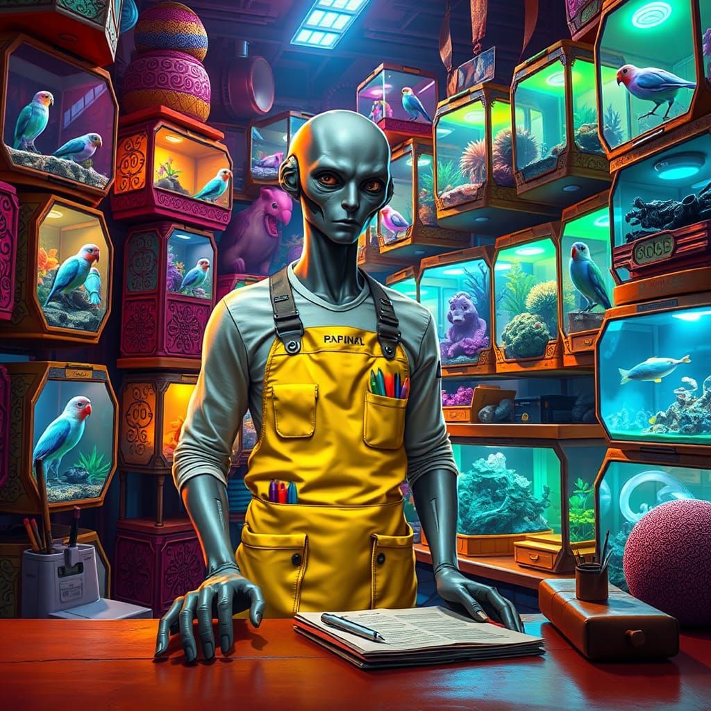 Intergalactic Pet Store Clerk with Alien Pets
