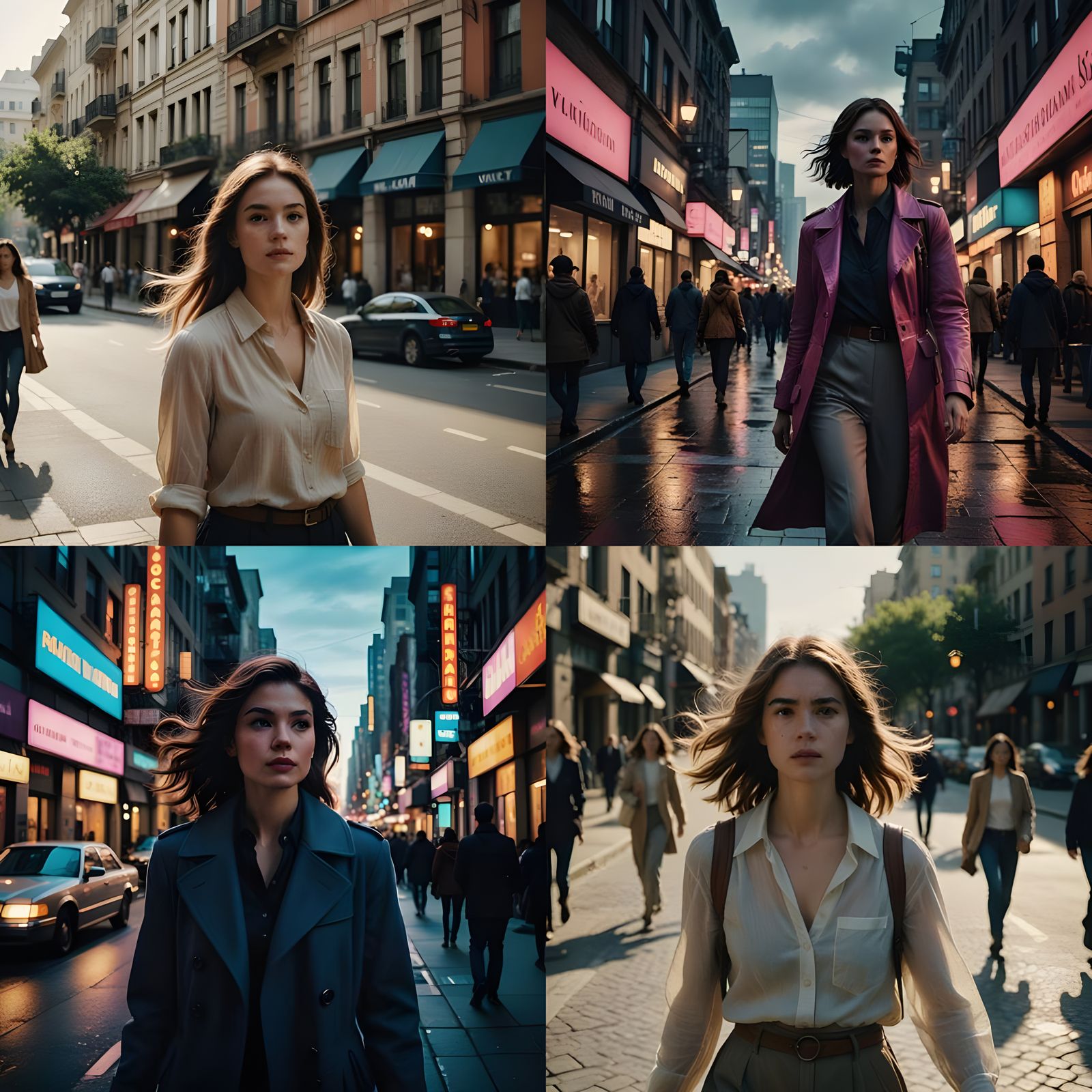 Confident City Woman Strolling Through a Bustling Metropolis...