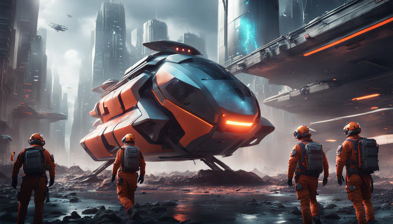 Futuristic Rescue Team in Sci-Fi City, Detailed Matte Painti...