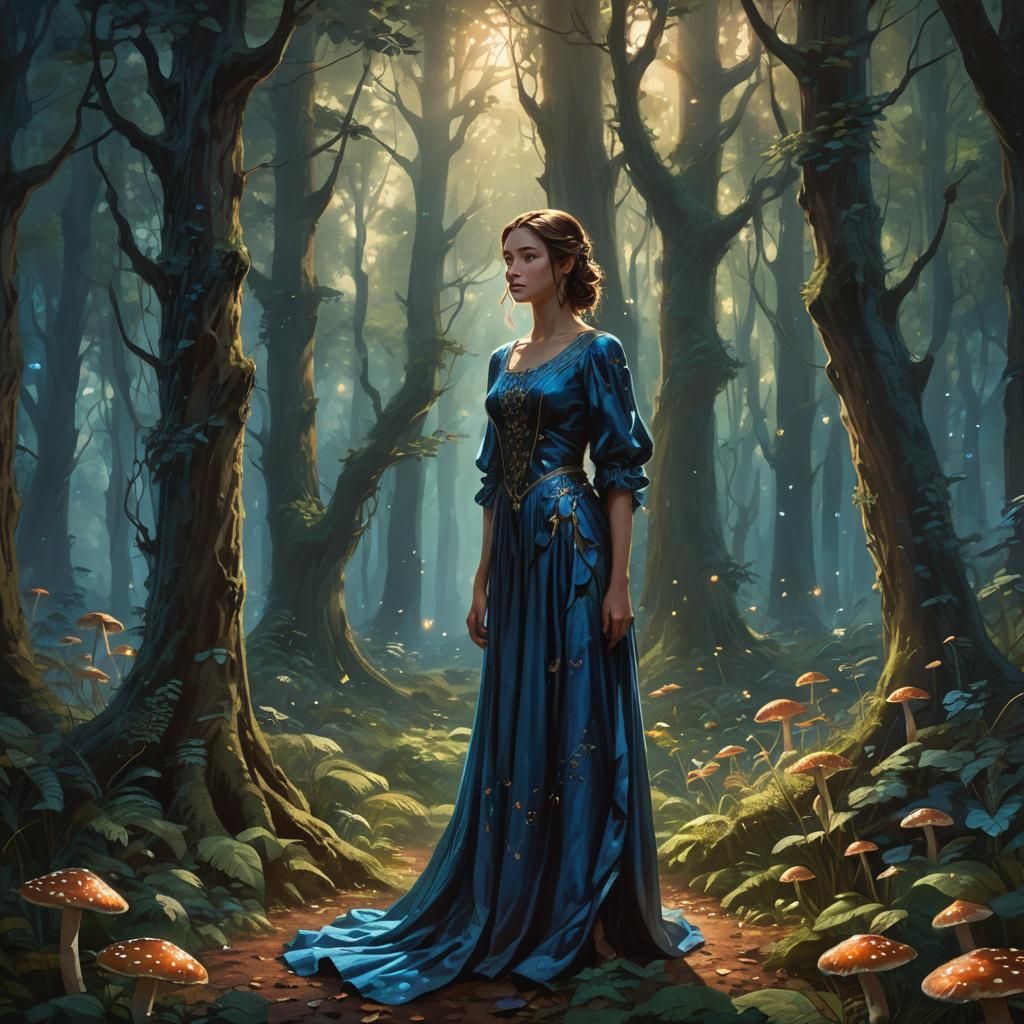 Woman in Blue Dress in Majestic Forest