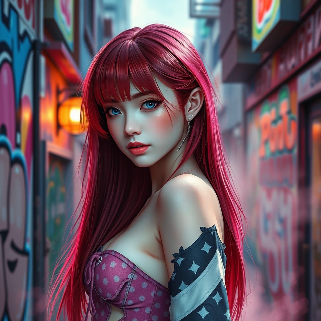 Sakura Haruno in Graffiti Cityscape, Gouache and Watercolor