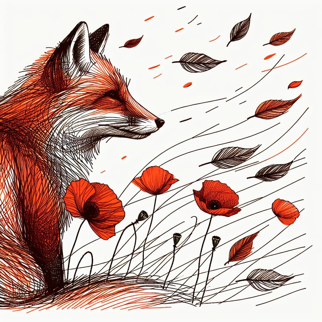 Minimalist Fox Observes Poppies in Chaotic Wind