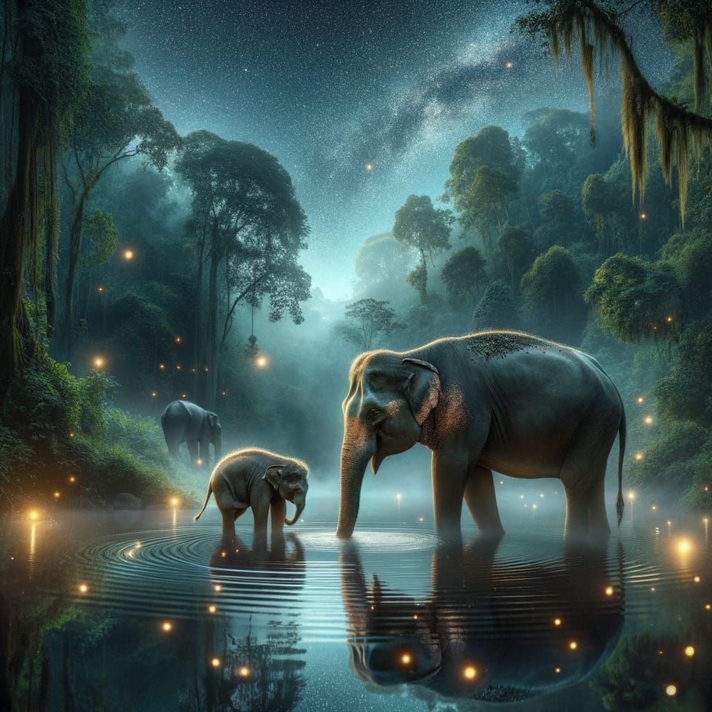 Elephant Family at Tranquil Lake Under Sparkling Night Sky