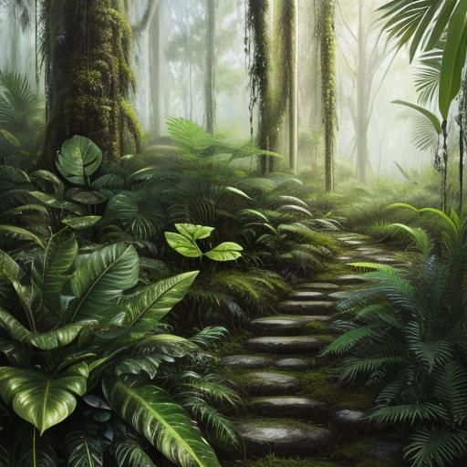 Lush Rainforest Oil Painting with Intricate Detail