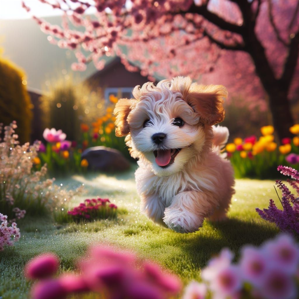 Playful Puppy in Vibrant Spring Garden