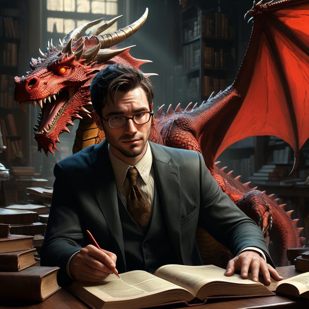 Fantasy Young Scholar Surrounded by Majestic Red Dragon