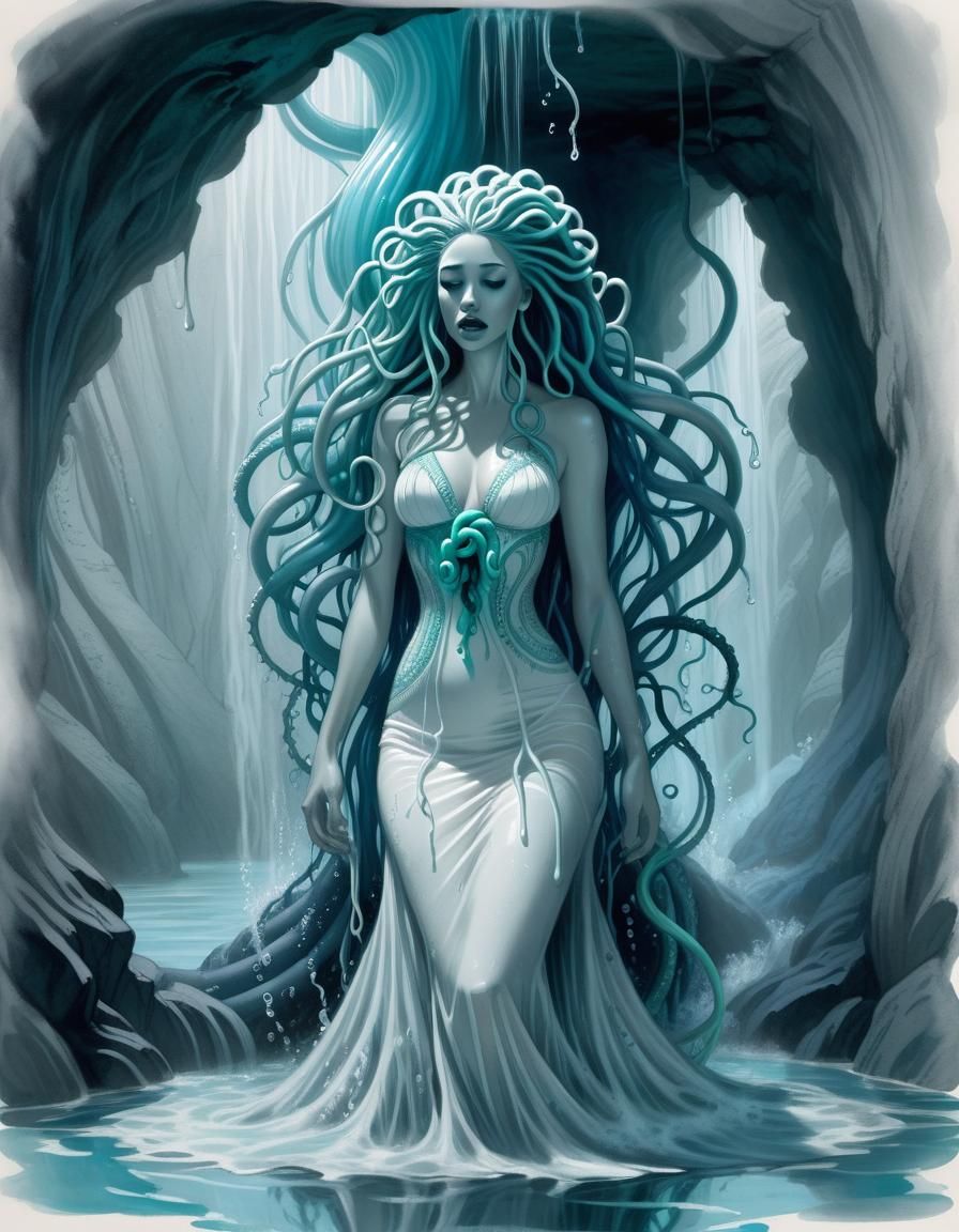 Eldritch Tentacle Goddess Sketch in Water Cave