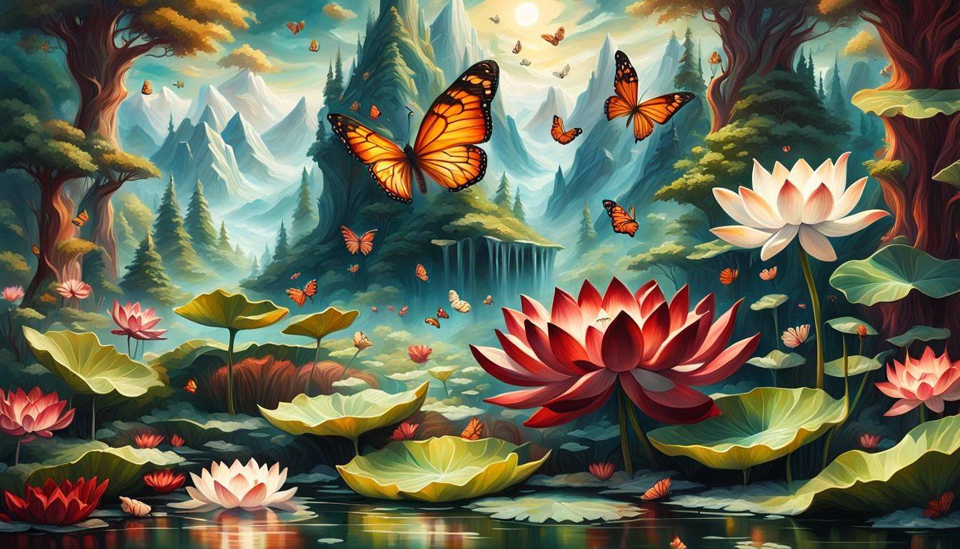 Ethereal Mountainscape in Burgundy and Amber Tones