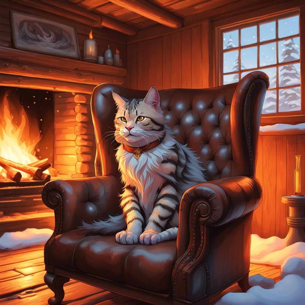 Bobcat in Cozy Cabin, Digital Art