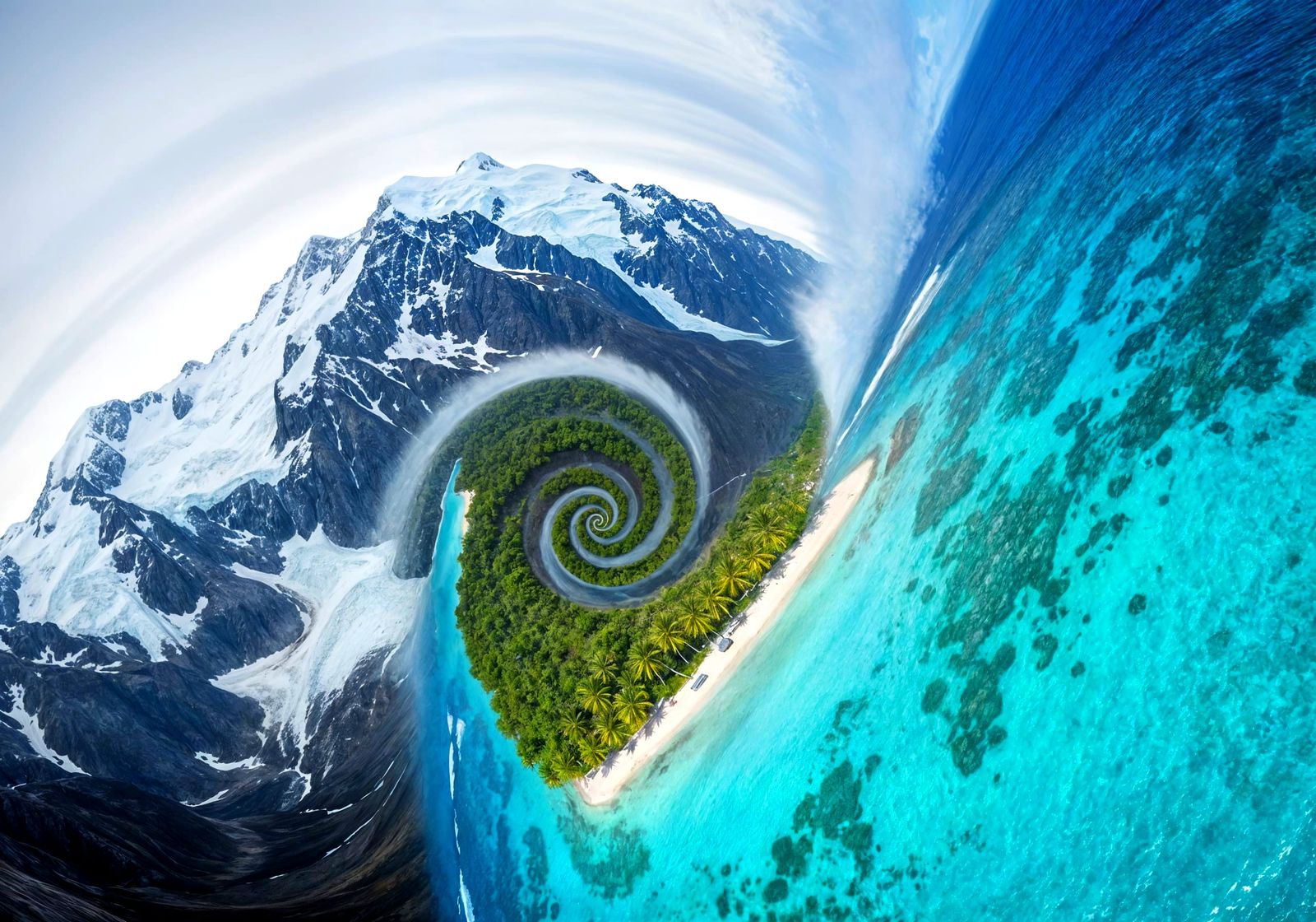 Spiral Juxtaposition: Glacial Mountains and Tropical Oasis