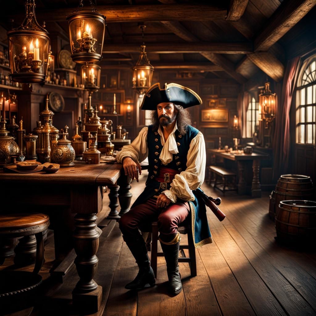 Hyperrealistic Pirate in an 18th Century Tavern