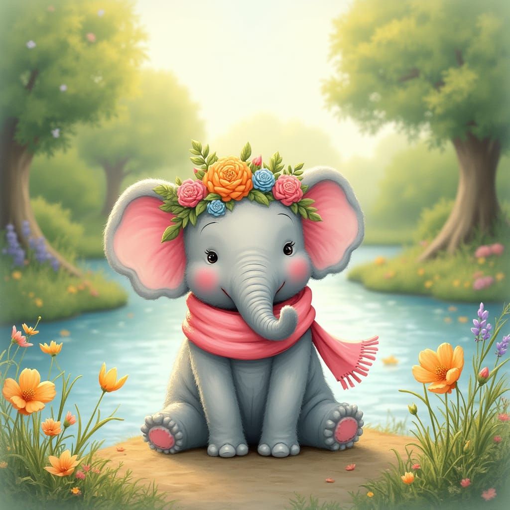Fluffy Elephant in Floral Crown by River