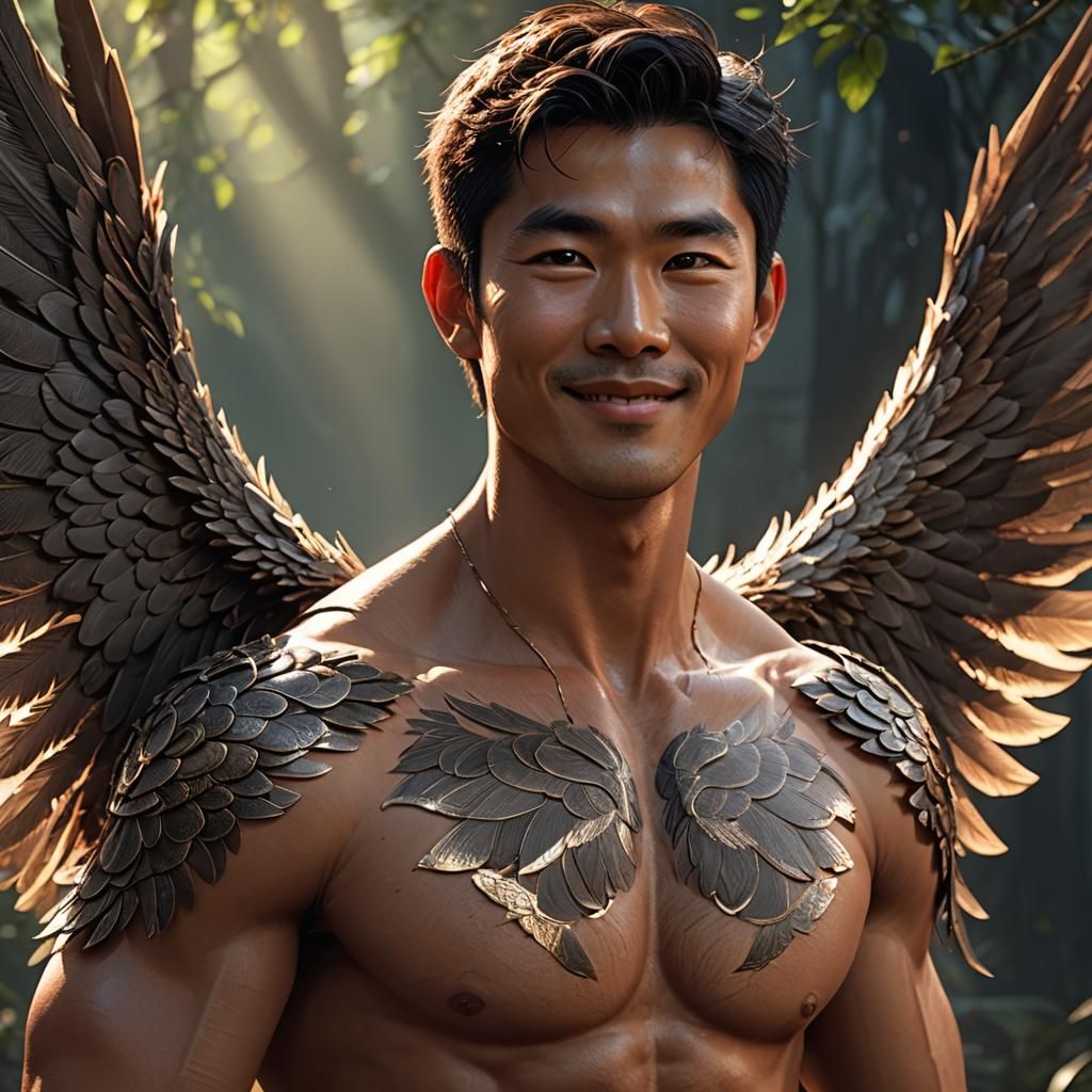 Winged Asian Man in Apocalyptic Landscape