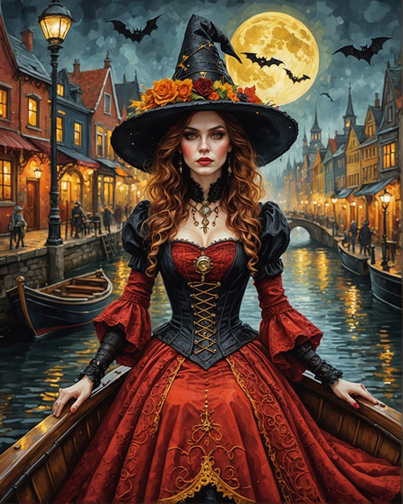 Steampunk Halloween Witch on Boat, Klimt-Inspired Crochet Ar...