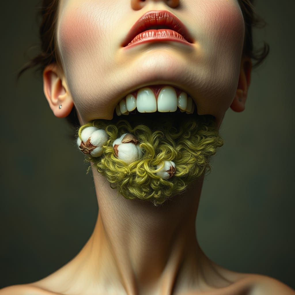 Dreamlike Surrealist Woman with Cotton Skin, Carpeted Teeth,...