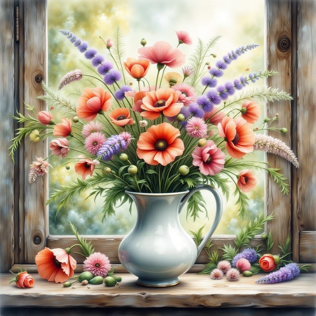 Vase with Poppies, Lavender, and Ferns in Watercolor Style