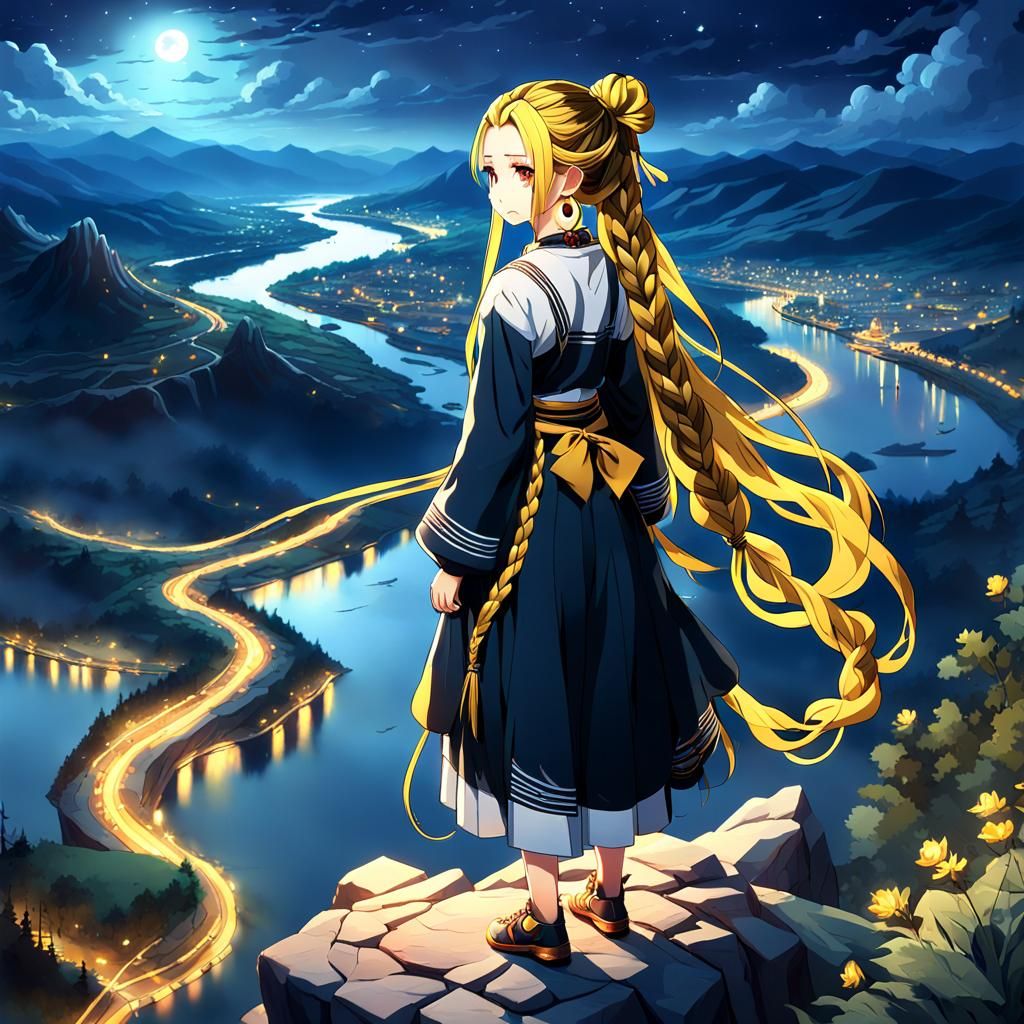 Anime Portrait: Woman on Mountain Top at Night