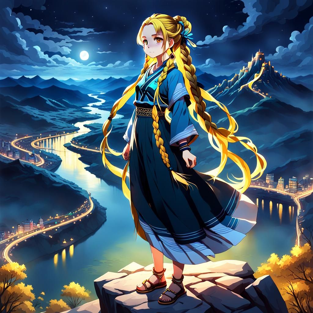 Anime Portrait: Woman on Mountain Top at Night