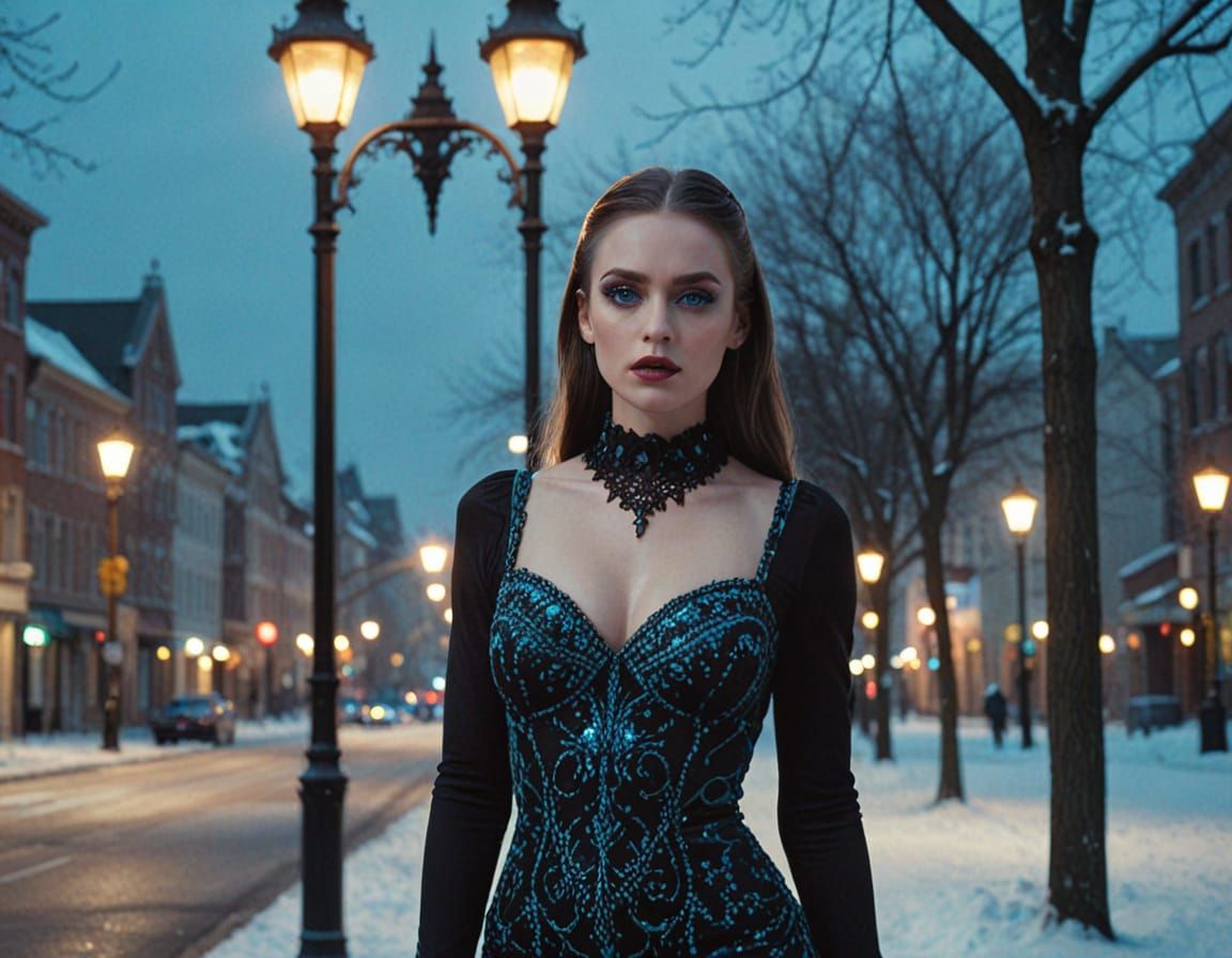 Athletic Woman in Gothic Dress Under Streetlamp