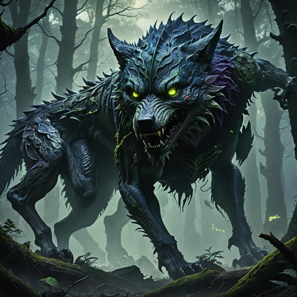 Creepy Wolf-Alien Hybrid in Dark Fantasy Style