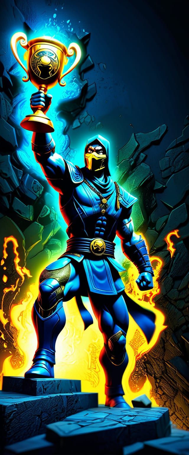 Mortal Kombat Warrior with Trophy in Comic Book Style
