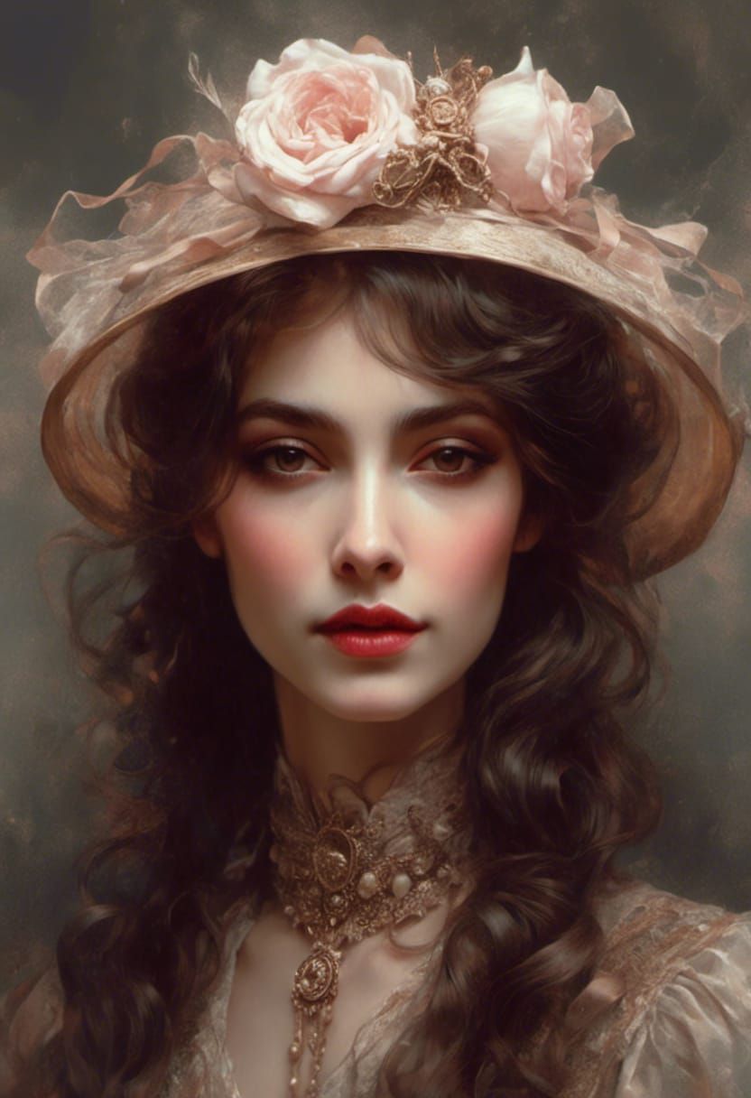 Edwardian Woman Portrait with Rose and Ribbon