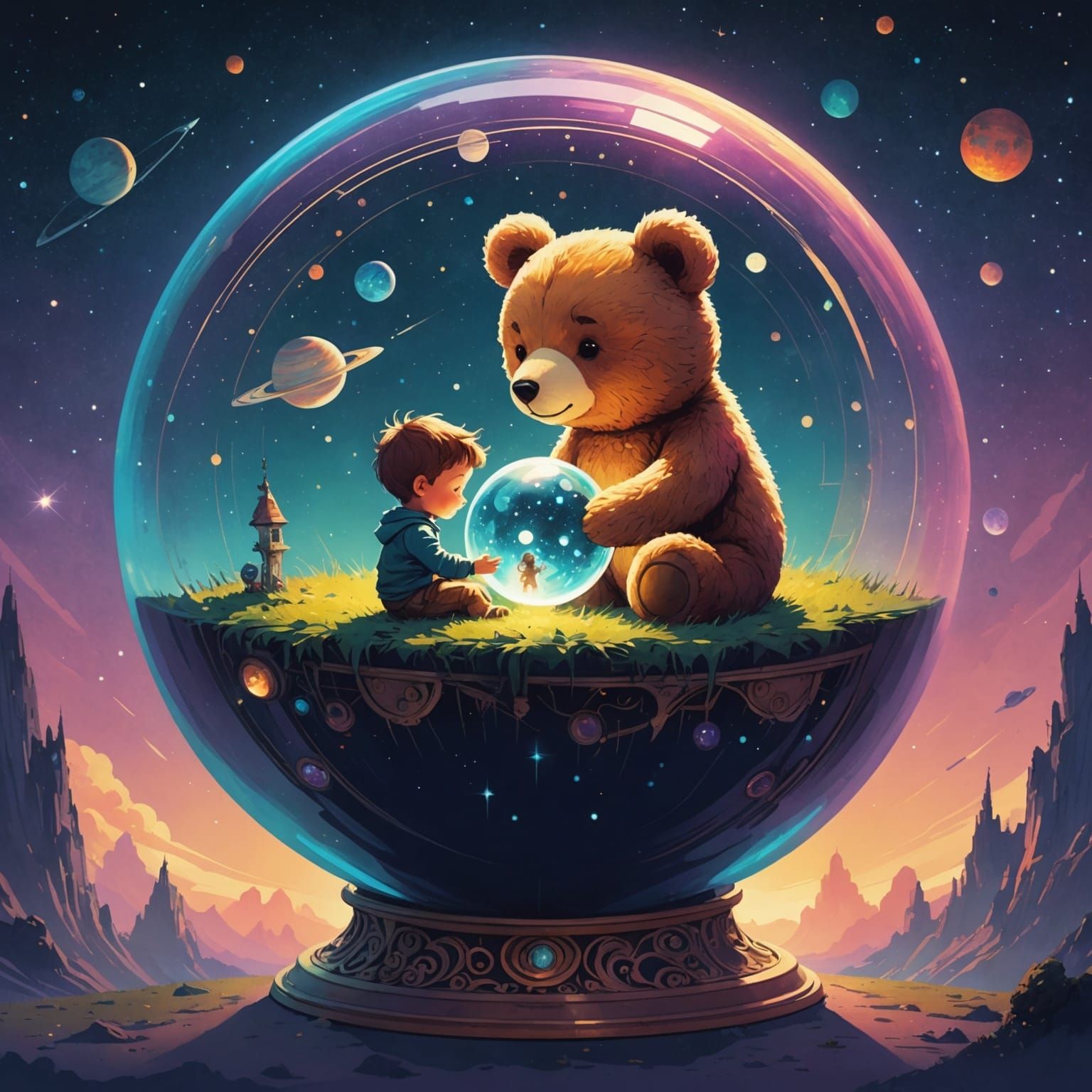 Space Teddy Bear Protects Boy: Solarpunk Art