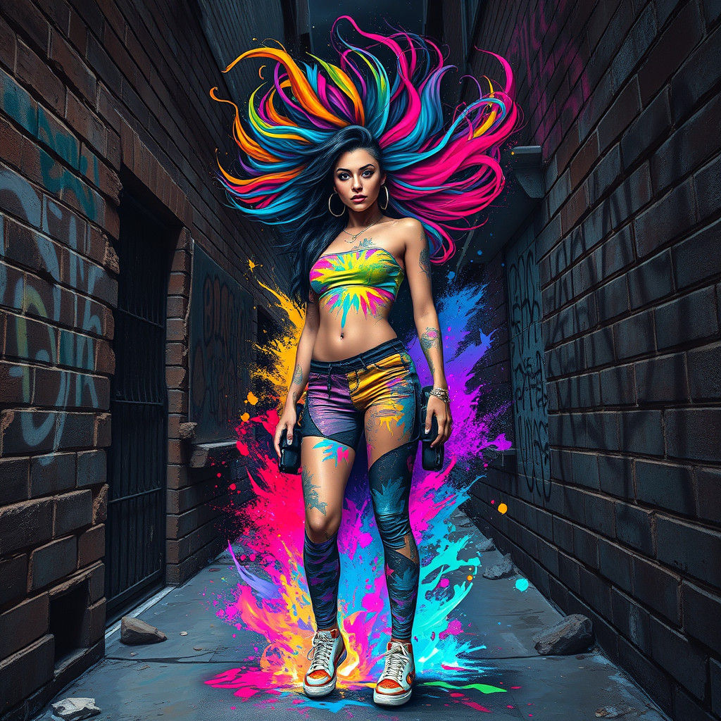 Kaleidoscopic Streetwear Art in Urban Alleyway