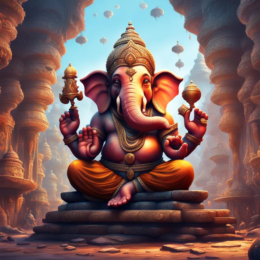 Cute Ganapati Sketch in Detailed Matte Painting