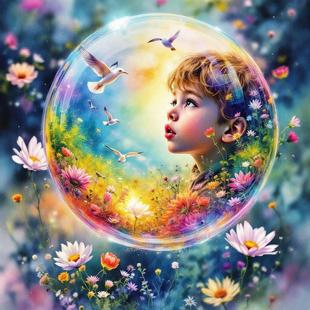 Boy's Bubble Dreamscape in Watercolor Style