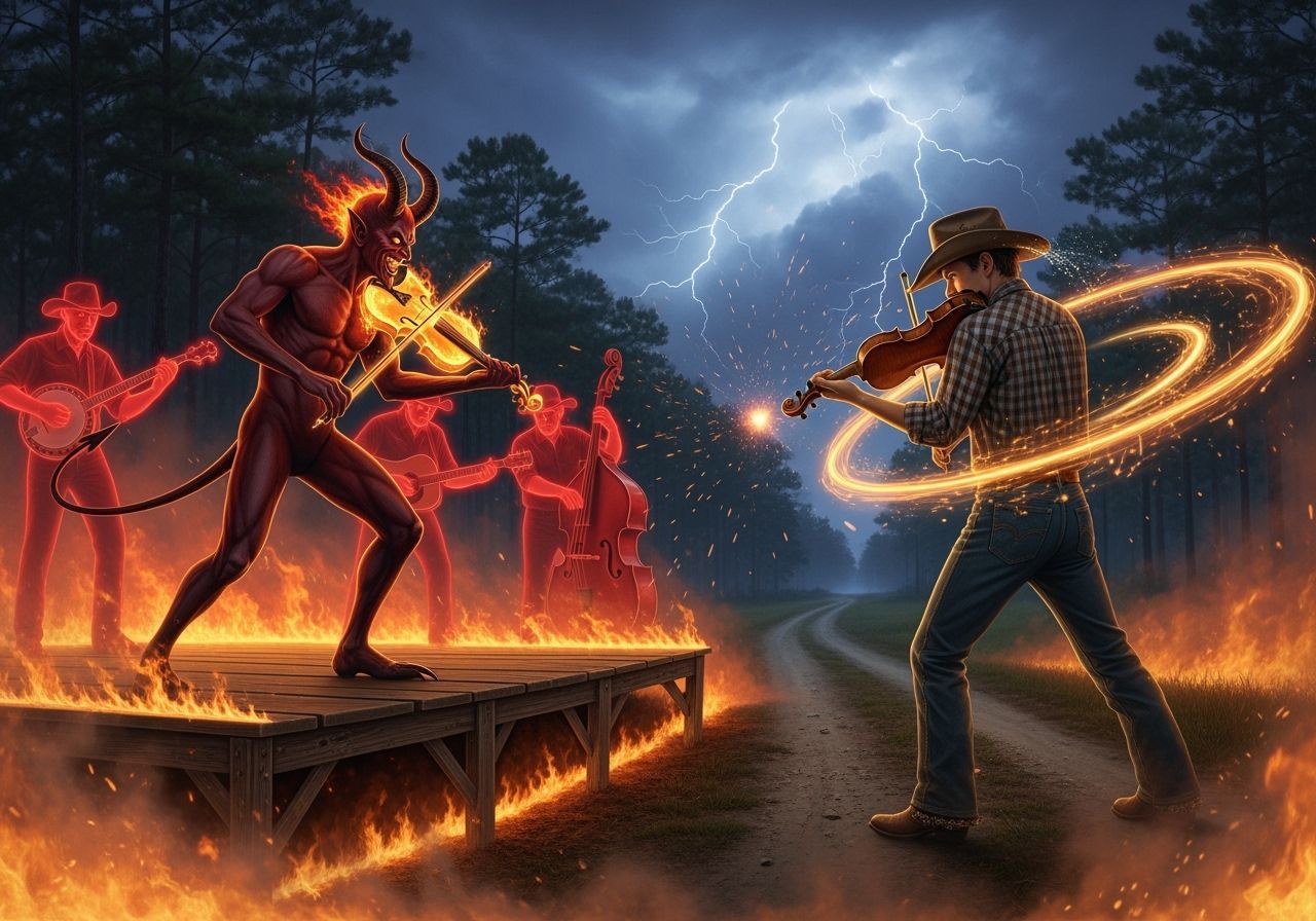 Devil vs Fiddler Showdown at Dusk in Georgia