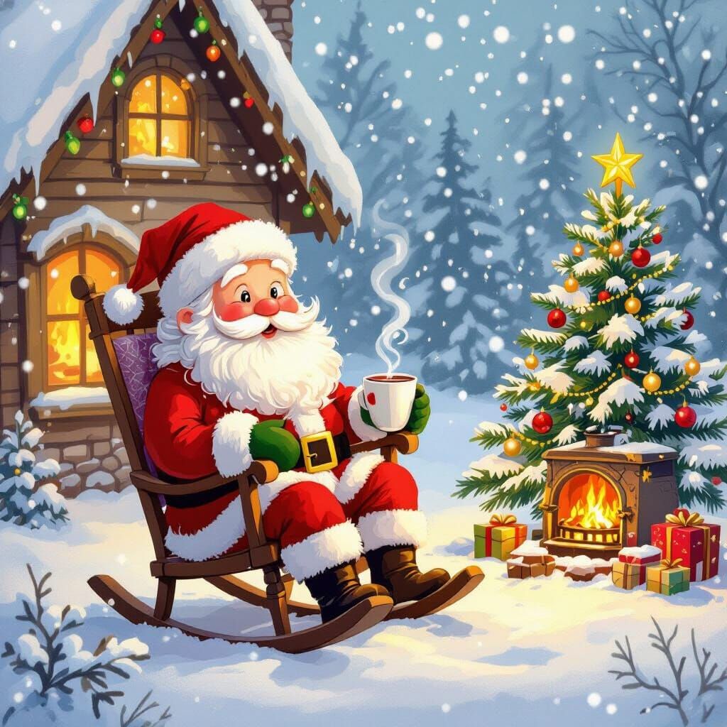 Cozy Christmas Scene with Santa and Hot Chocolate