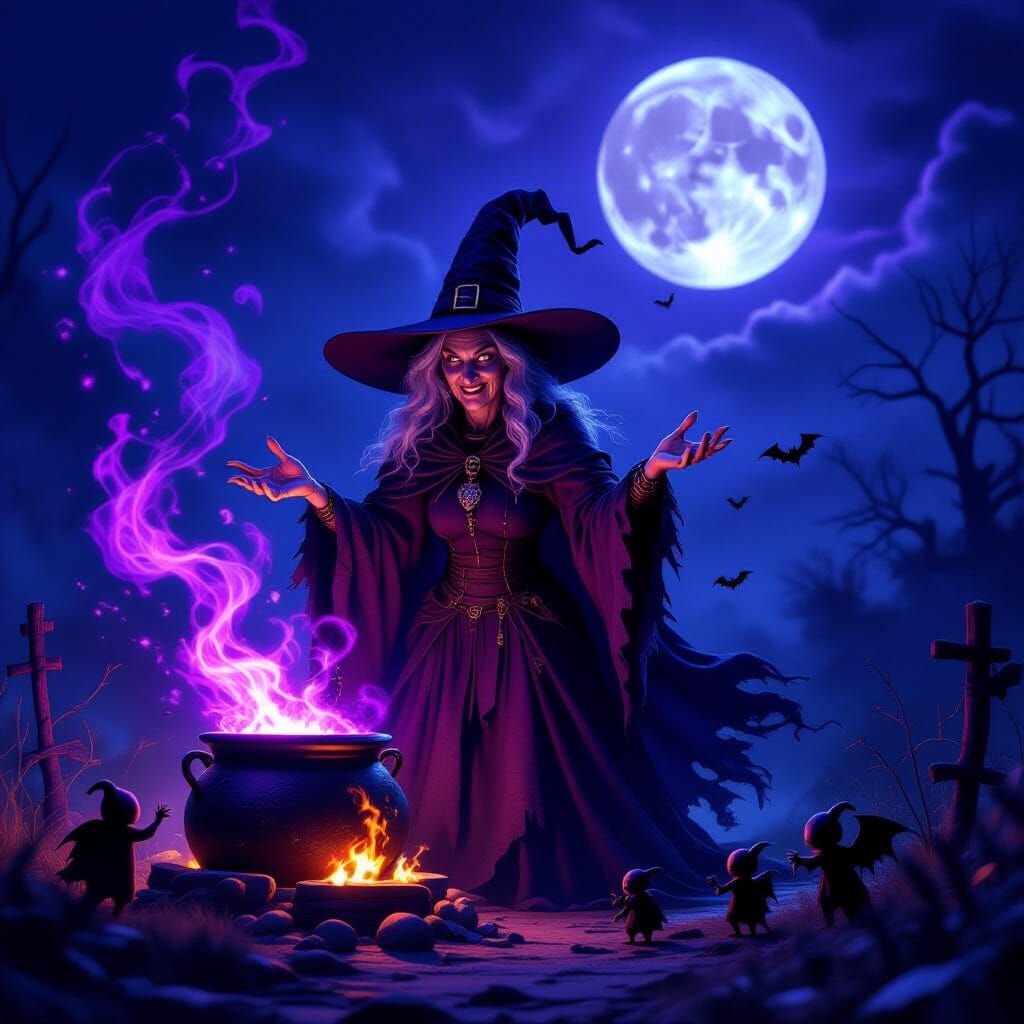 Wicked Witch Spellcasting with Shadow Creatures Under Full M...