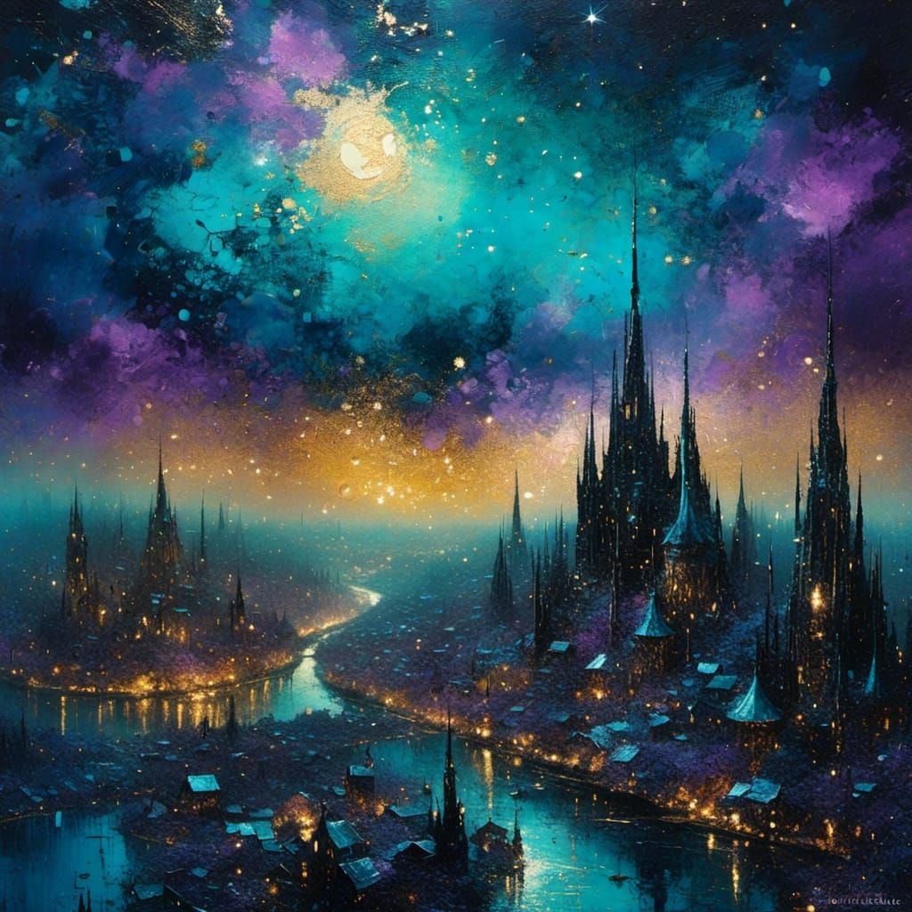 Mystical Cityscape Oil Painting with Galactic Glow