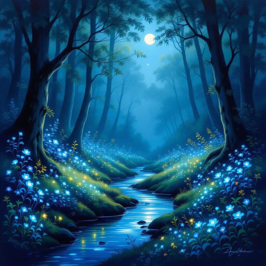 Tranquil Forest Glade in Ethereal Moonlight and Bioluminesce...