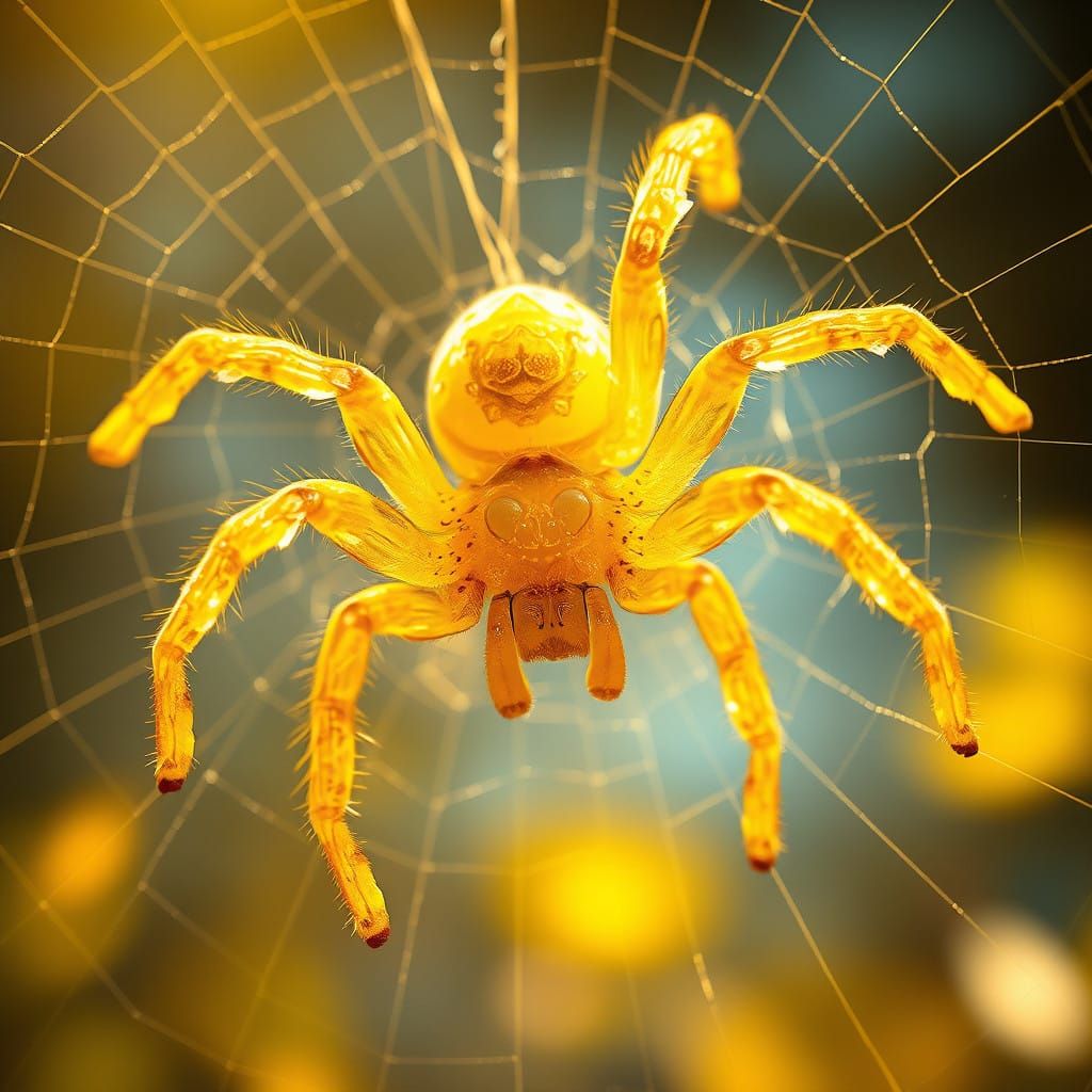 Surreal Lemon Tarantula Suspended in Golden Web