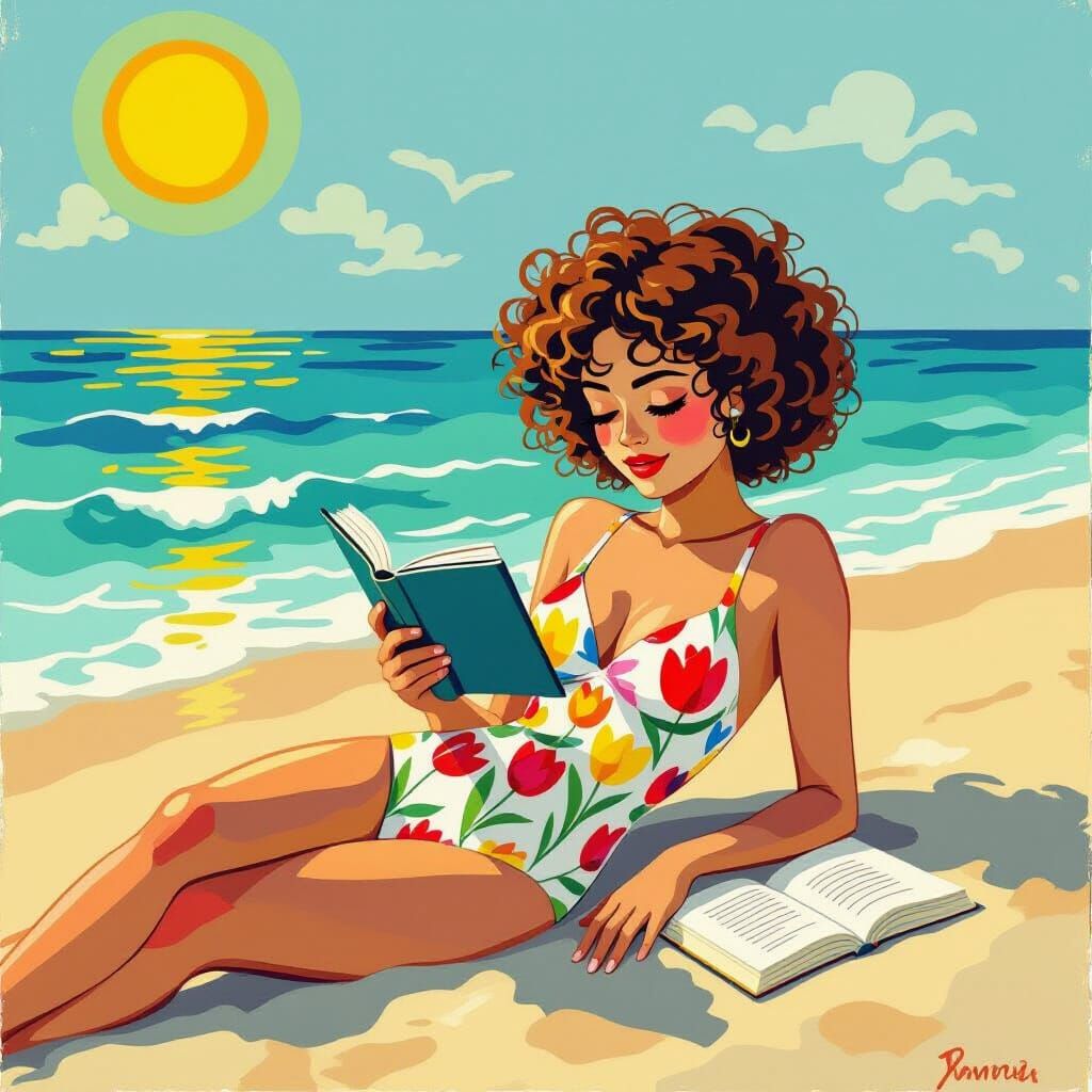 Girl Reading on Sunny Shore in Surrealist Style