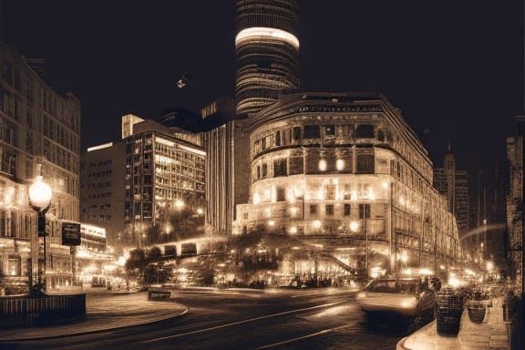 Dramatic Film Noir Cityscape in Cyberpunk Style