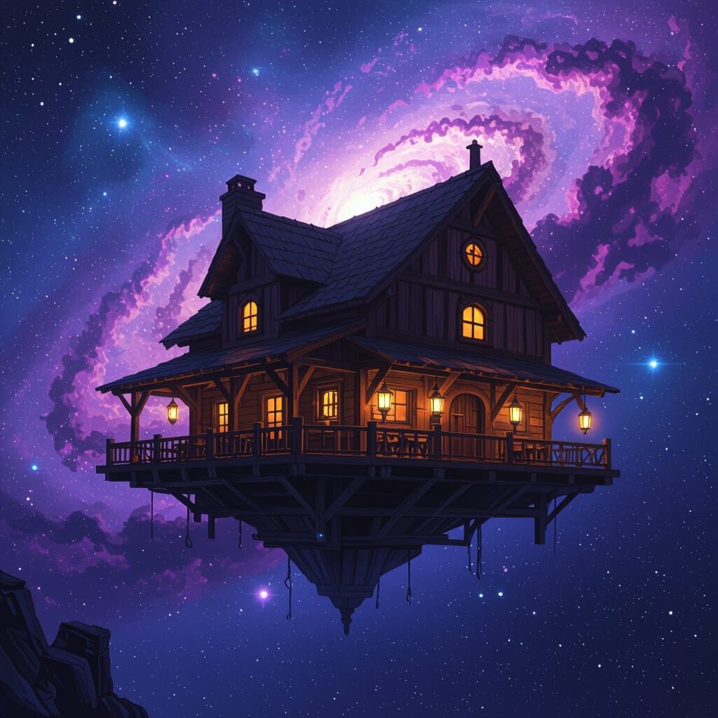 Rustic Tavern Building Floating in Outer Space