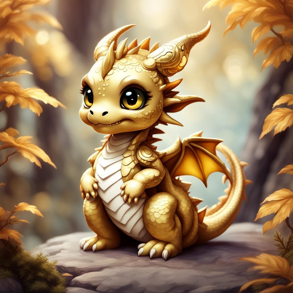 CHIBI cute GOLDE DRAGON flufy | BIG EYES | BIG Head | SITTING IN THE KAWAII POSITION | LOOKING FOR 2/3 | SMILING TO VIEW...