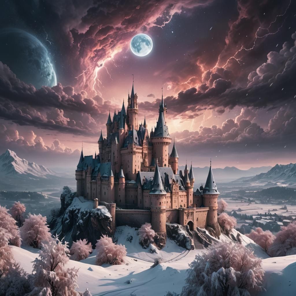Snowy Château on Alien Planet in Digital Art Style