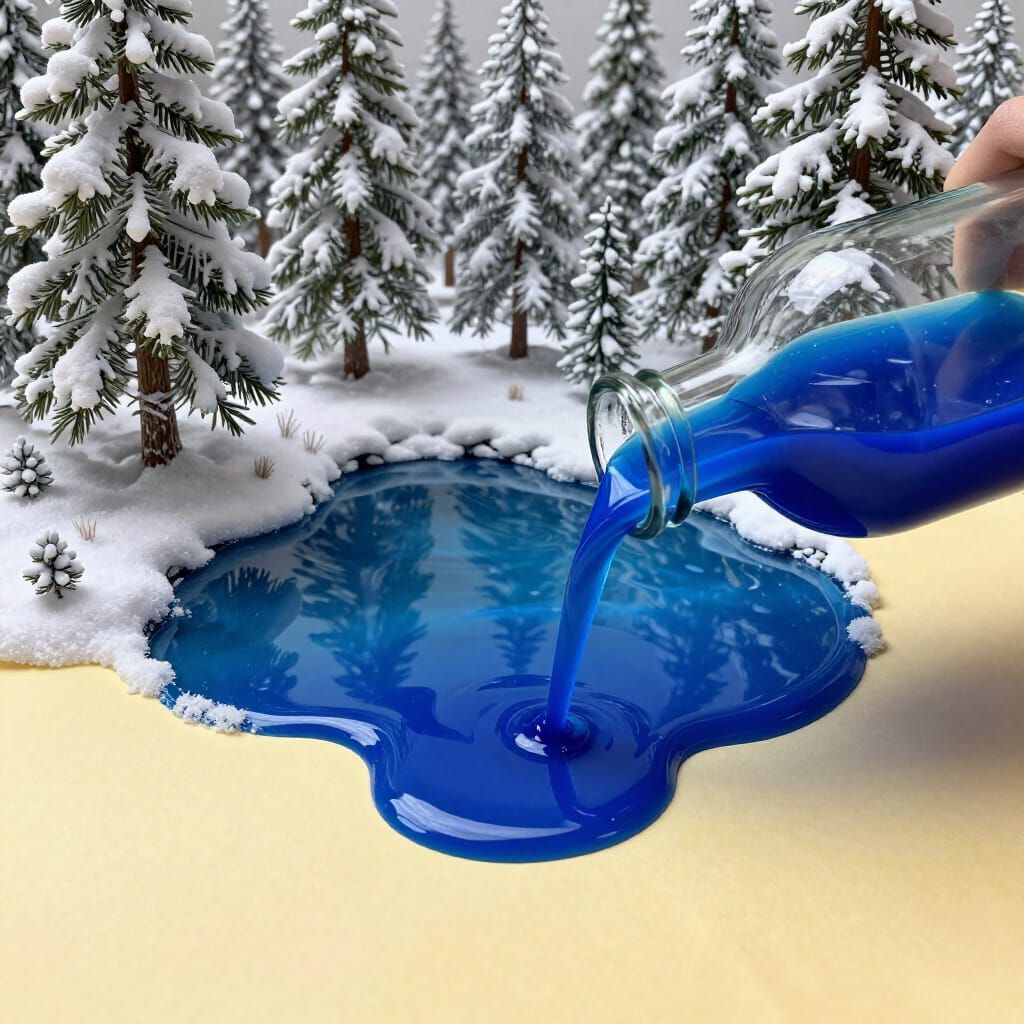 Surreal Cobalt Blue Liquid Pours Onto Paper, Winter Forest R...