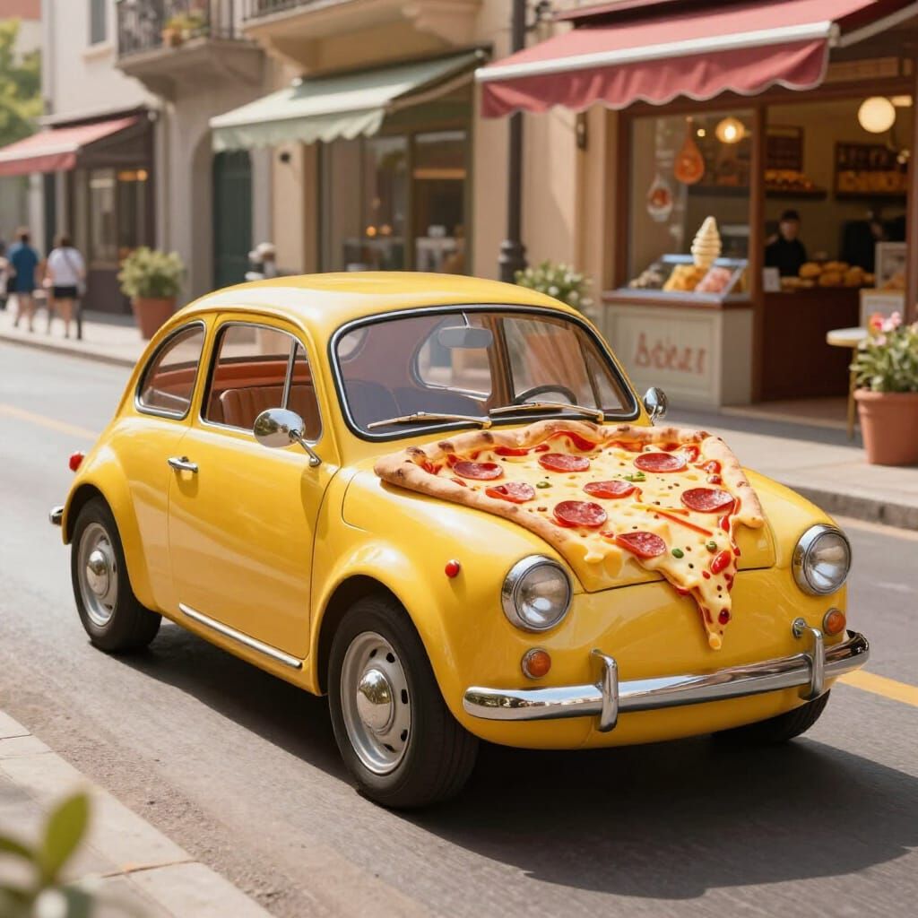 Whimsical Pizza Car Drives Down Italian Street