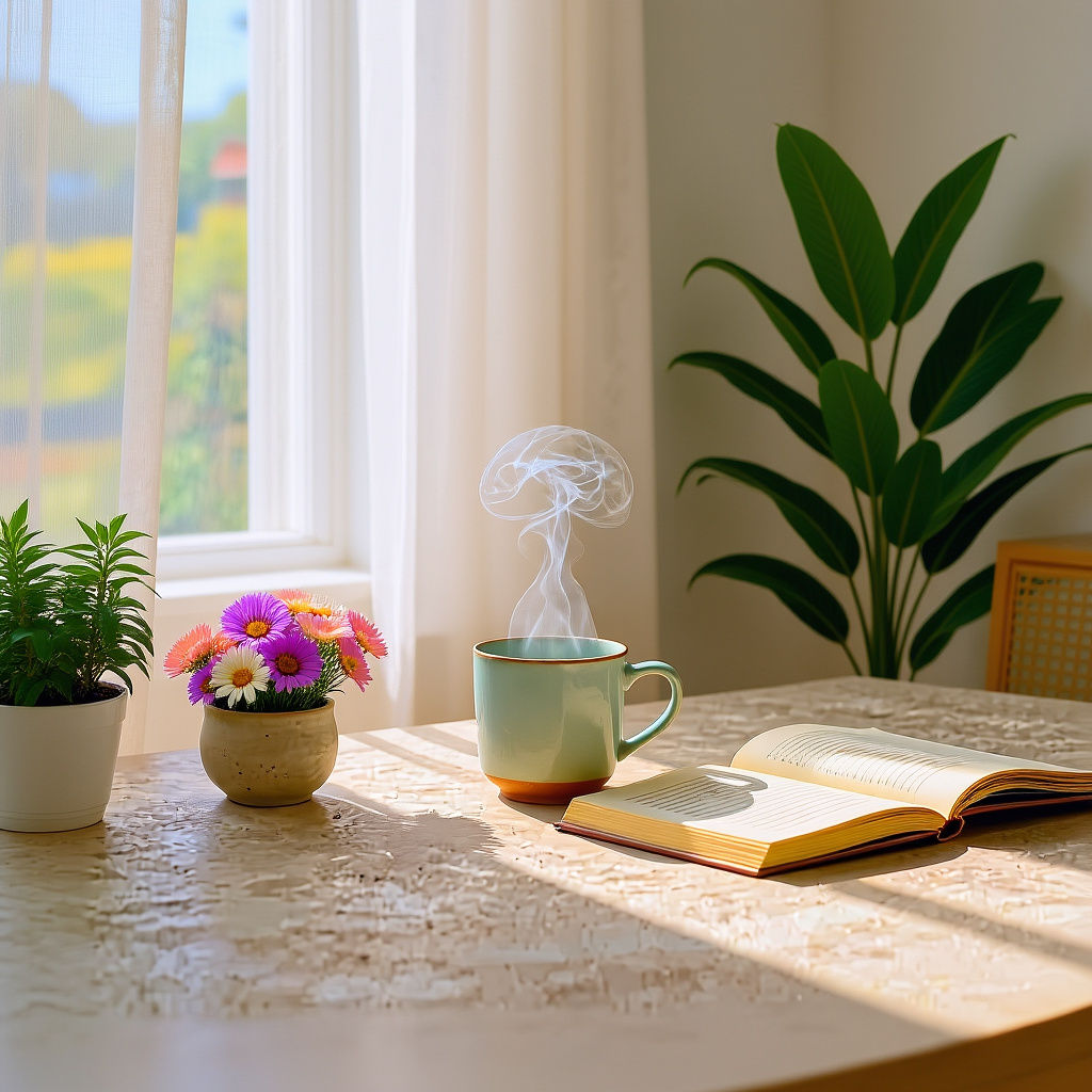 Serene Morning Interior with Warm Sunlight and Neutral Tones