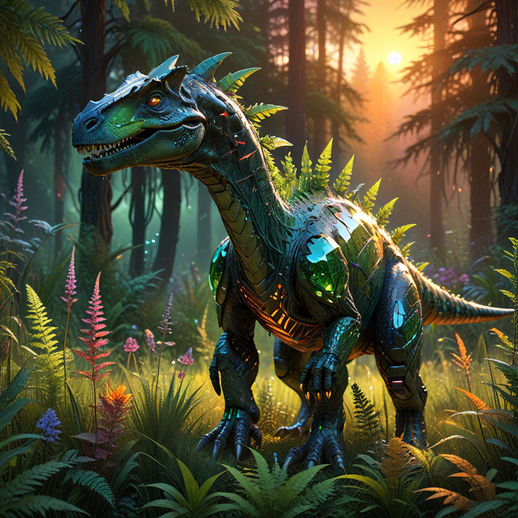 Futuristic Dinosaur in a Gemstone Meadow