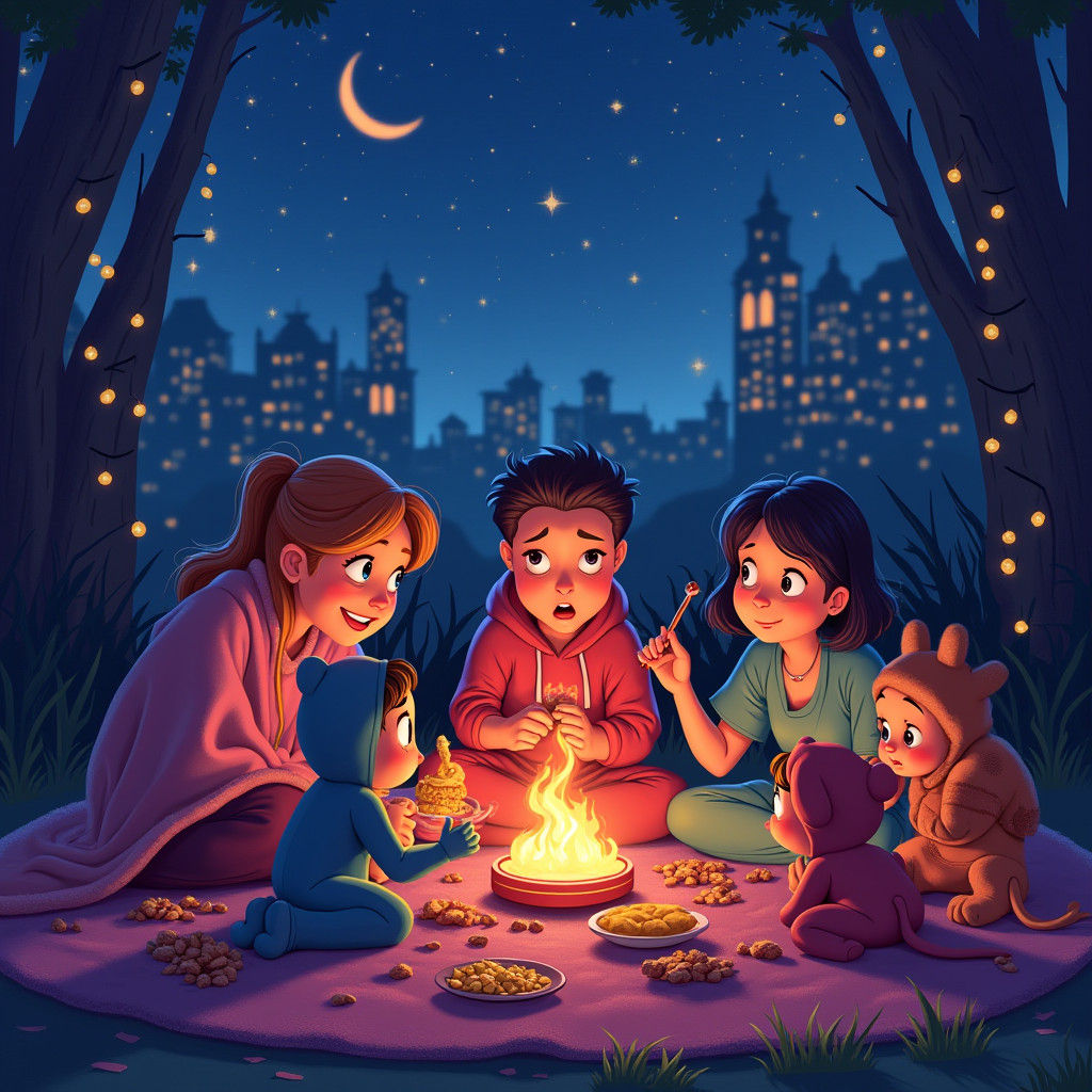 Animated Movie Night: A Whimsical Pixar-Style Illustration