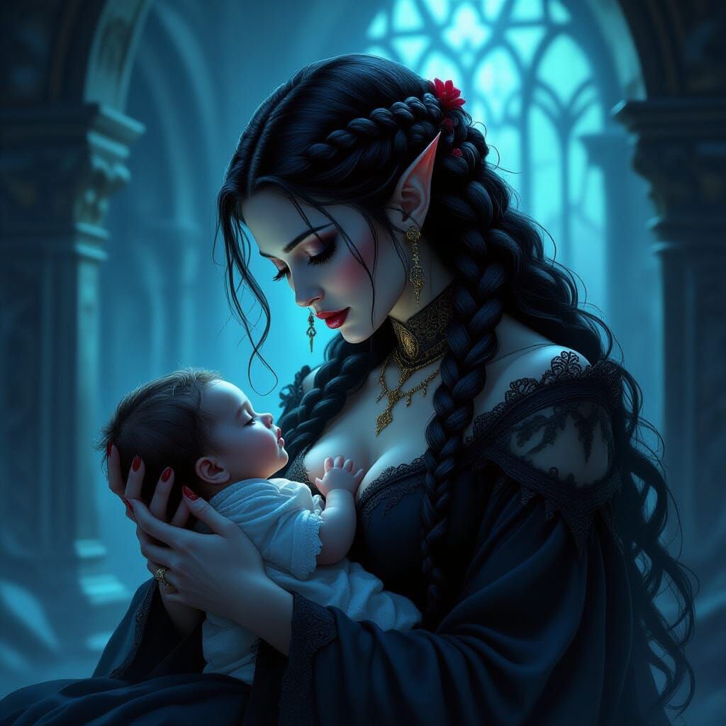 Vampire Mother Cradling Spectral Infant: Digital Painting