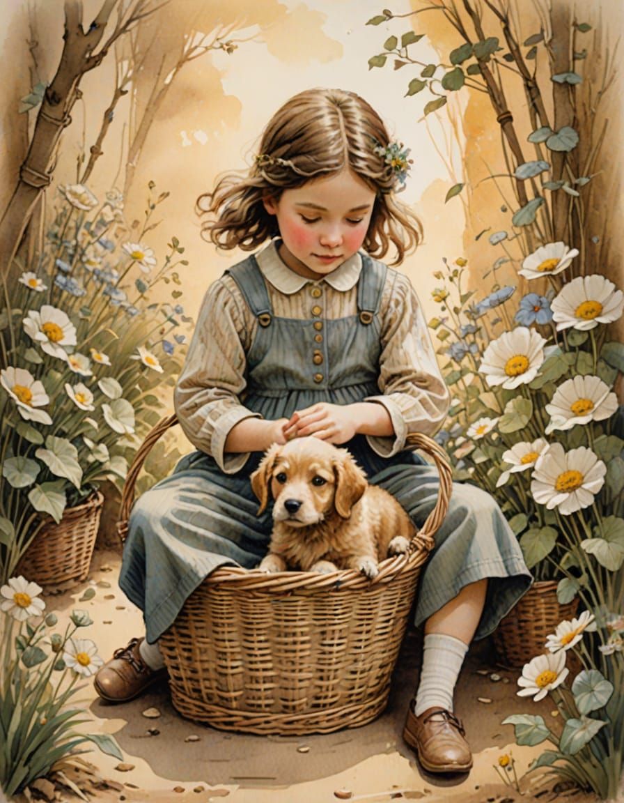 Whimsical Watercolor Portrait of a Young Girl with a Puppy