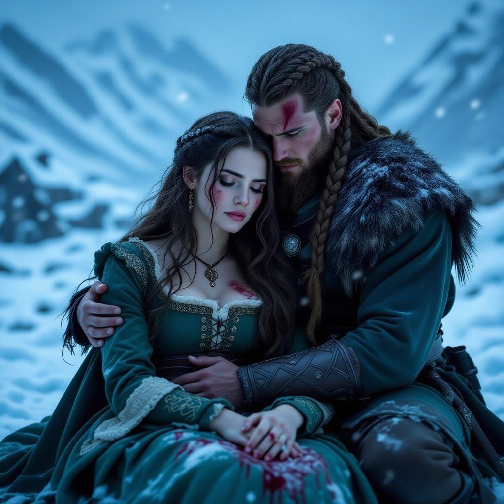 Viking Man Holds Dying Venetian Woman in Snowy Blizzard