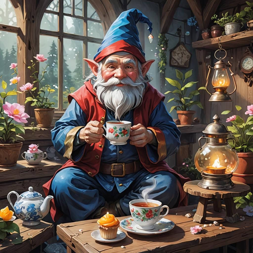 Gnome Sipping Tea: Digital Art by teamLab Style